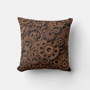 Vintage metal brass gears throw pillow