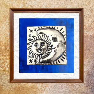 Vintage Mexican Silver Sun & Moon On Blue Poster