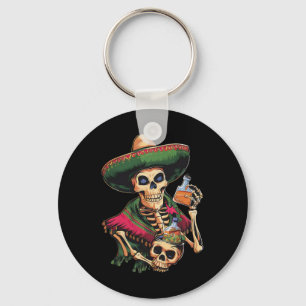 Vintage Mexican Skull Drinking Beer Cinco De Mayo Keychain