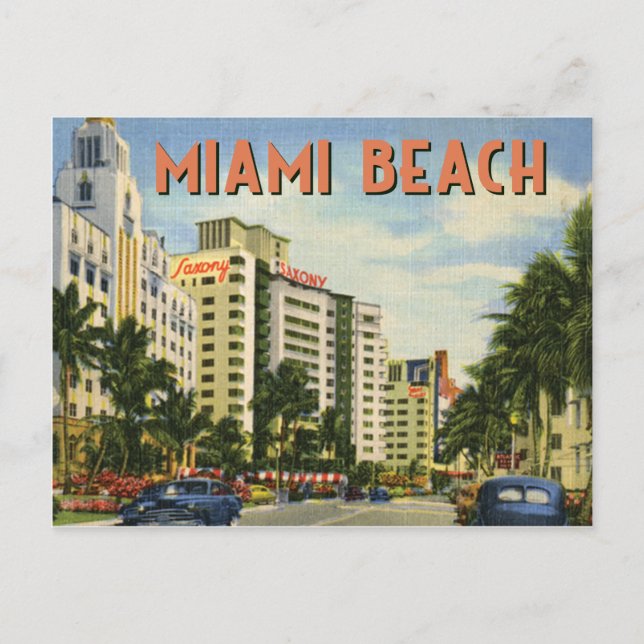 Vintage Miami Beach Street Scene Postcard (Front)