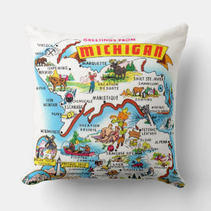 Vintage Michigan Greetings Map  Throw Pillow