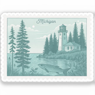 Vintage Michigan Lighthouse Great Lakes Fish Stamp