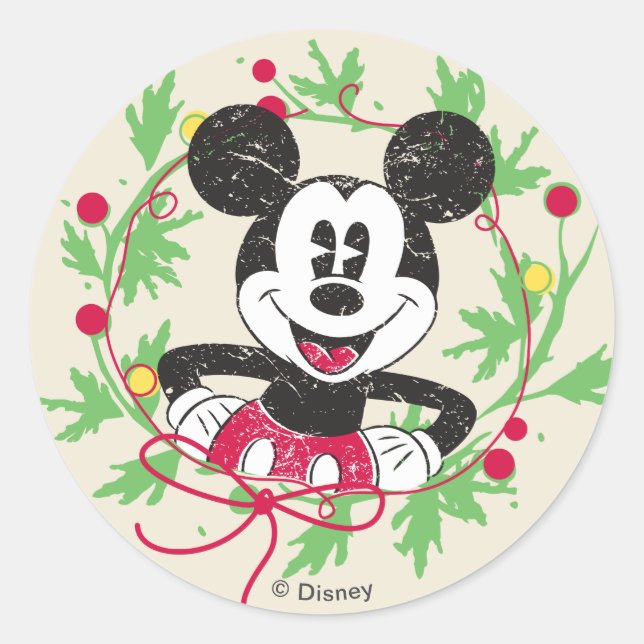 Vintage Mickey Mouse | Christmas Wreath Classic Round Sticker (Front)