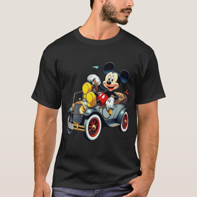 Vintage Mickey Mouse Driving Classic Car T-Shirt (Front)