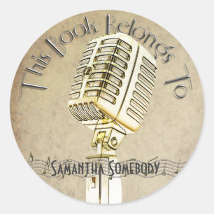 Vintage Microphone Design Bookplates Classic Round Sticker