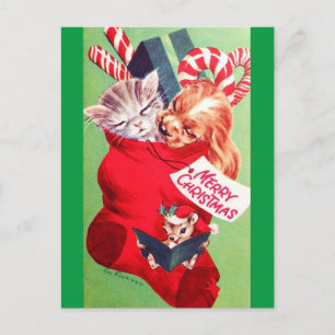 Vintage Mid Century Beautiful Baby Puppy Kitten Postcard