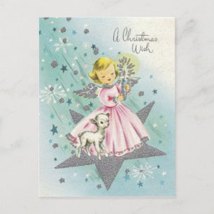 Vintage Mid Century Christmas Angel and Lamb Holiday Postcard