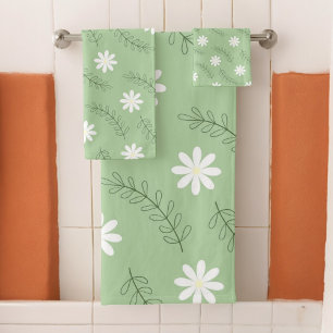 Vintage Mid Century Green White Flower Pattern Bath Towel Set