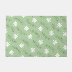 Vintage Mid Century Green White Flower Pattern Doormat