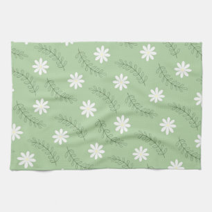 Vintage Mid Century Green White Flower Pattern Kitchen Towel