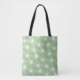 Vintage Mid Century Green White Flower Pattern Tote Bag
