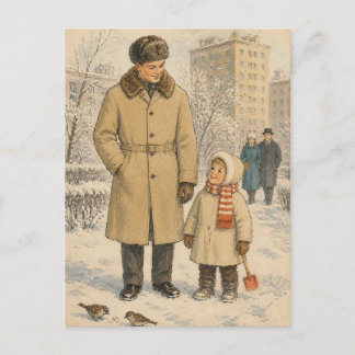 Vintage Mid-Century Winter Family Walk Nostalgic Postcard