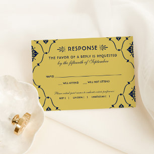 Vintage Midnight Blue and Gold Art Deco Wedding RSVP Card