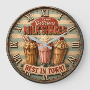 Vintage Milkshake Retro Diner Kitchen Ice Cream Large Clock
