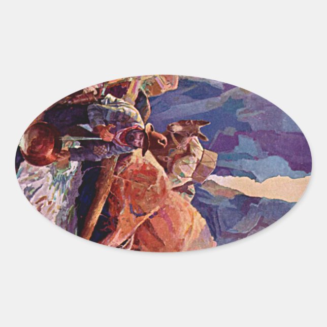 Vintage Miner and Donkey Painting Oval Sticker (Front)