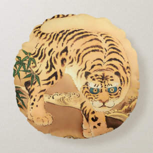 Vintage Minhwa Tiger by a Stream Round Pillow