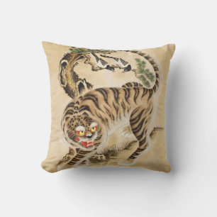 Vintage Minhwa Tiger Under Pine Tree Throw Pillow