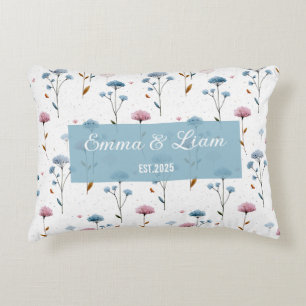 Vintage Minimal Blue and Pink Floral Personalized Accent Pillow