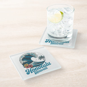 Vintage Minimal Honolulu Hawaii Aloha Travel Glass Coaster