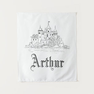 Vintage minimalistic medieval castle illustration tapestry