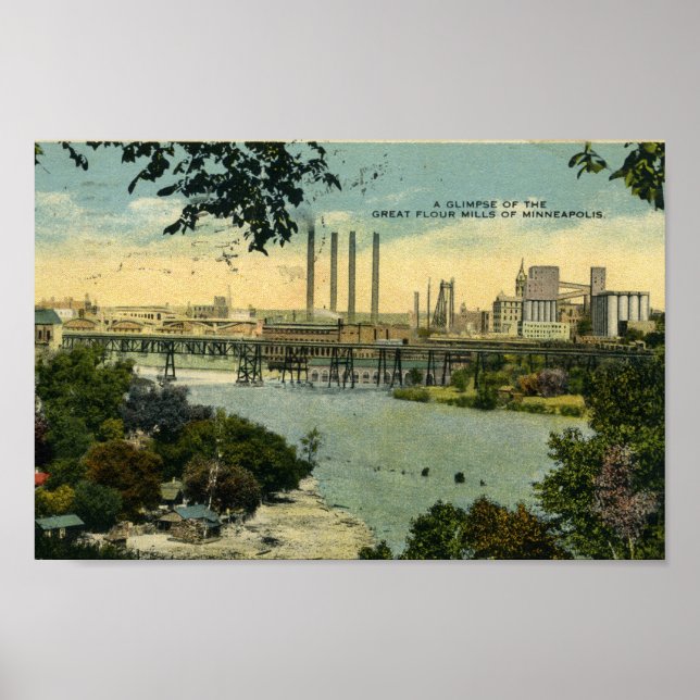 Vintage Minneapolis Minnesota River Skyline Poster (Front)