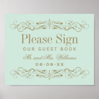Vintage Mint and Gold Scrollwork Guest Book Sign