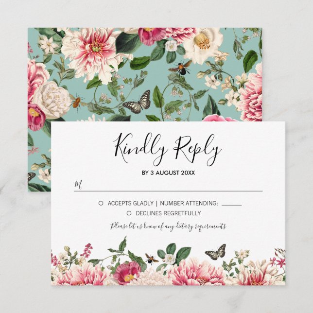 Vintage Mint Aqua Floral Garden Wedding RSVP (Front/Back)