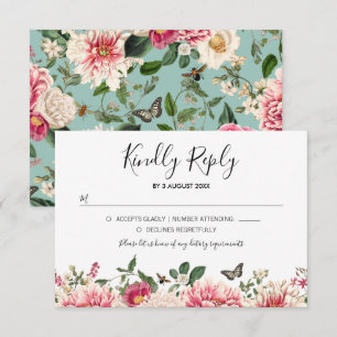 Vintage Mint Aqua Floral Garden Wedding RSVP Card