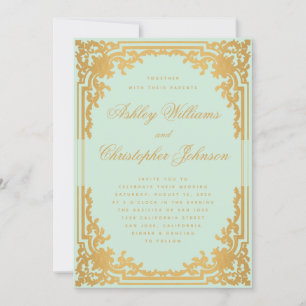 Vintage Mint Faux Gold Ornate Script Green Wedding Invitation