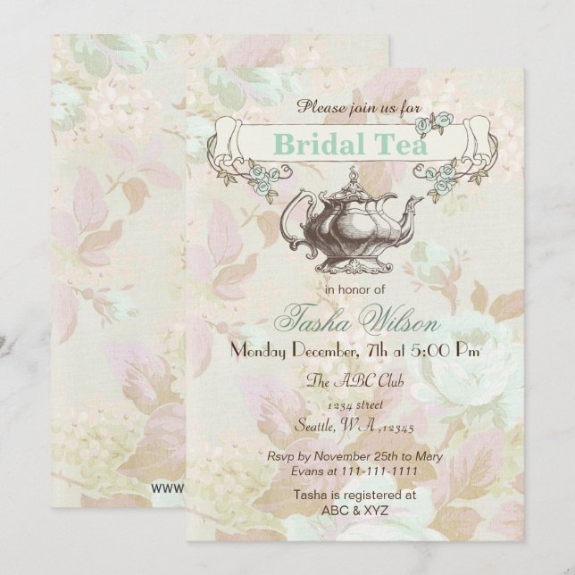 vintage mint floral Bridal Tea Party Invites (Front/Back)