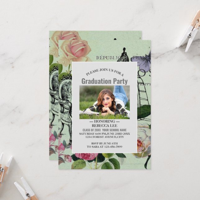 Vintage Mint French Pink Rose Paris Party Invitation (Front/Back In Situ)