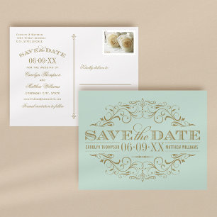 Vintage Mint Gold Scrollwork Save the Date Announcement Postcard