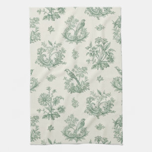 Vintage Mint Green Bird Toile Floral Pattern Kitchen Towel