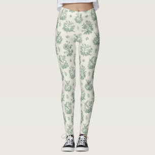 Vintage Mint Green Bird Toile Floral Pattern Leggings