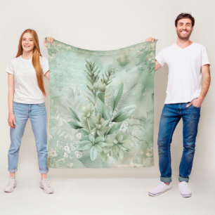 Vintage Mint Green Botanical Floral (1) Fleece Blanket