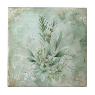 Vintage Mint Green Botanical Floral (1) Tile