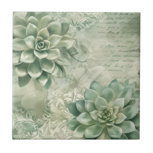 Vintage Mint Green Botanical Floral (2) Tile