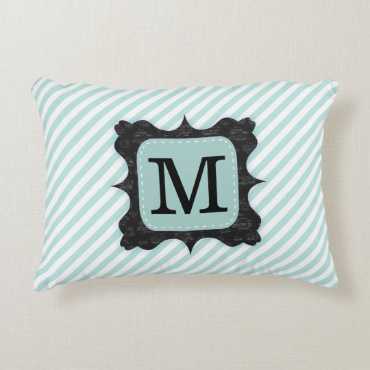 Vintage Mint Green Stripes Pattern Black Monogram Accent Pillow