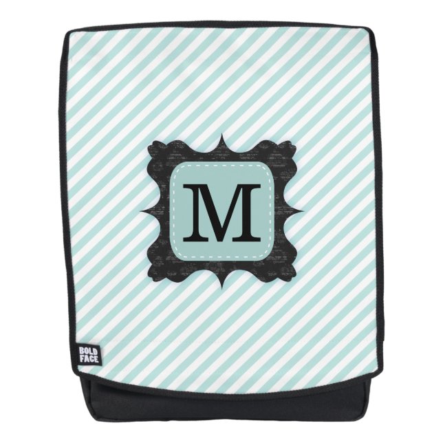 Vintage Mint Green Stripes Pattern Black Monogram Backpack (Front)