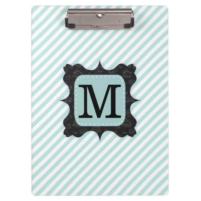 Vintage Mint Green Stripes Pattern Black Monogram Clipboard (Front)