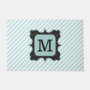Vintage Mint Green Stripes Pattern Black Monogram Doormat
