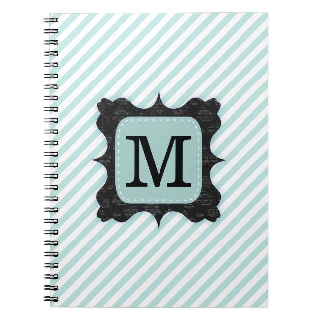 Vintage Mint Green Stripes Pattern Black Monogram Notebook (Front)