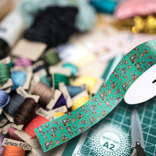 Vintage Mint Green Watercolor Easter Bunny Pattern Satin Ribbon