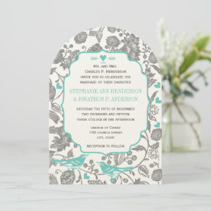 Vintage Mint Grey Floral Pattern Lovebird Wedding Invitation