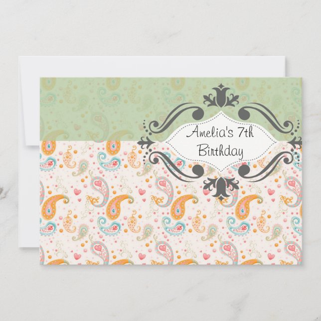 Vintage Mint Paisley Birthday Invitation (Front)