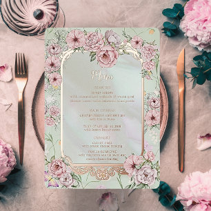 Vintage Mint Peony Wedding Foil Menu Card