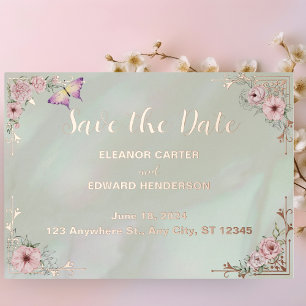 Vintage Mint Peony Wedding Foil Save the date card