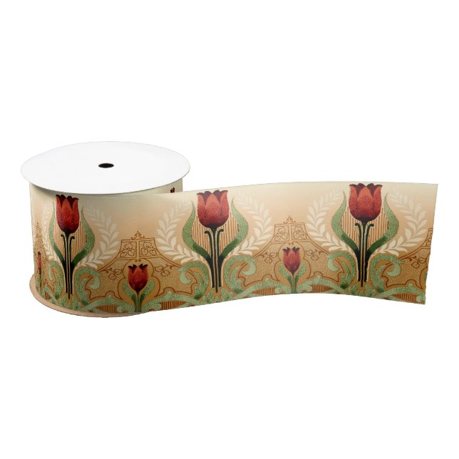 Vintage Mission Style Red Tulip Frieze Satin Ribbon (Spool)