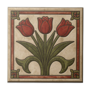 Vintage Mission Style Red Tulip Frieze Tile