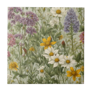 Vintage  Mixed Colour Blooming Wildflowers Tile